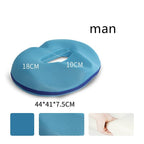 Light blue memory foam seat cushion with breathable mesh cover, dimensions and material details