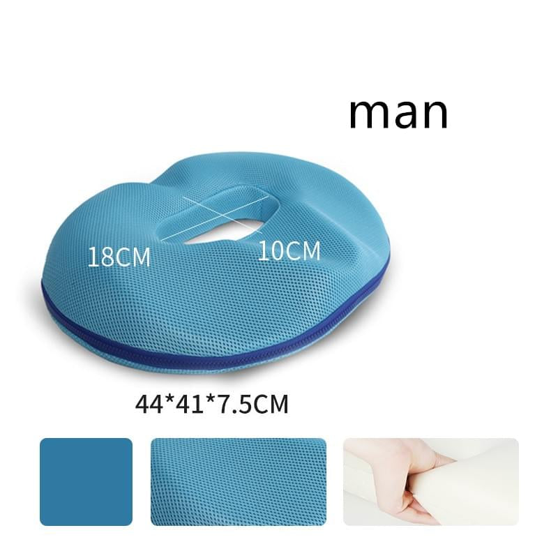 Light blue memory foam seat cushion with breathable mesh cover, dimensions and material details