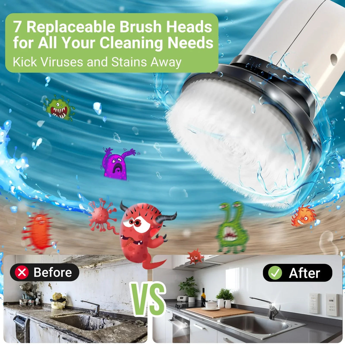 Electric spin scrubber with interchangeable brush heads for different household cleaning tasks