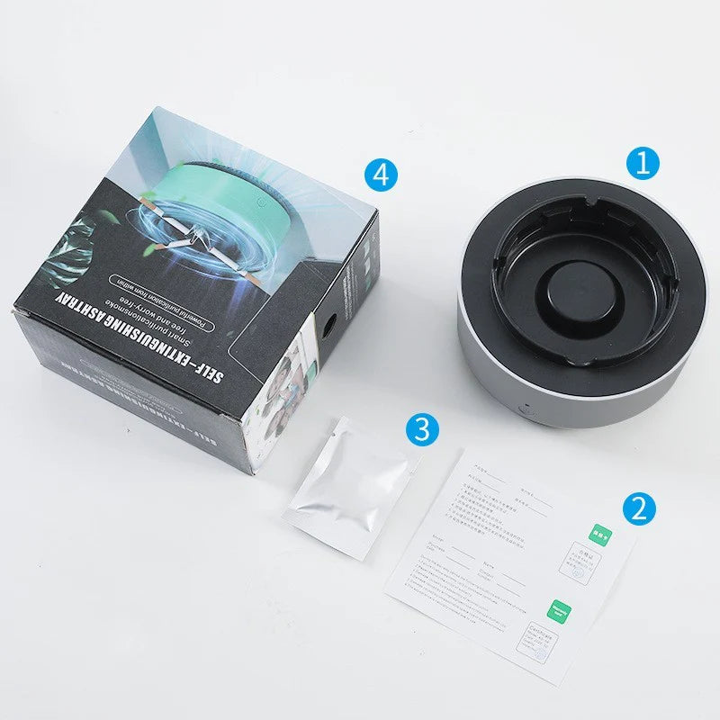 Smoke-filtering ashtray with included accessories and packaging