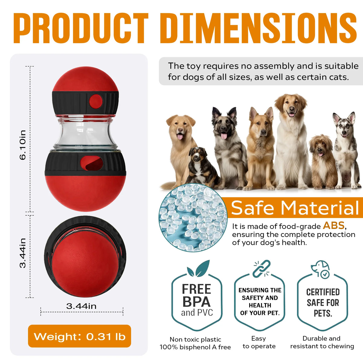 Adjustable treat dispensing dog toy dimensions