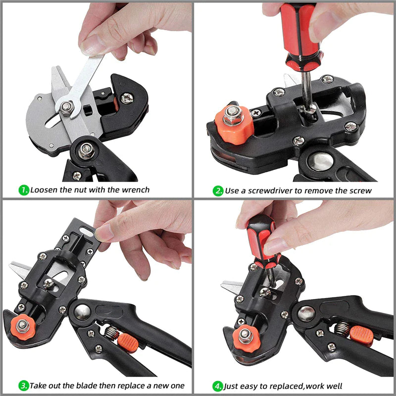 Garden grafting tool showing interchangeable blade positions
