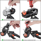 Garden grafting tool showing interchangeable blade positions