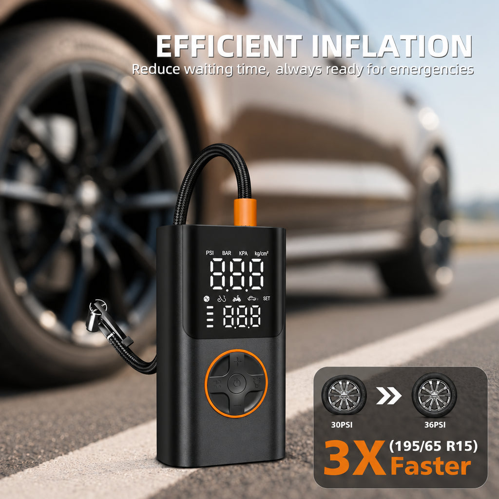 Portable rechargeable air compressor for car motorcycle and bike tires