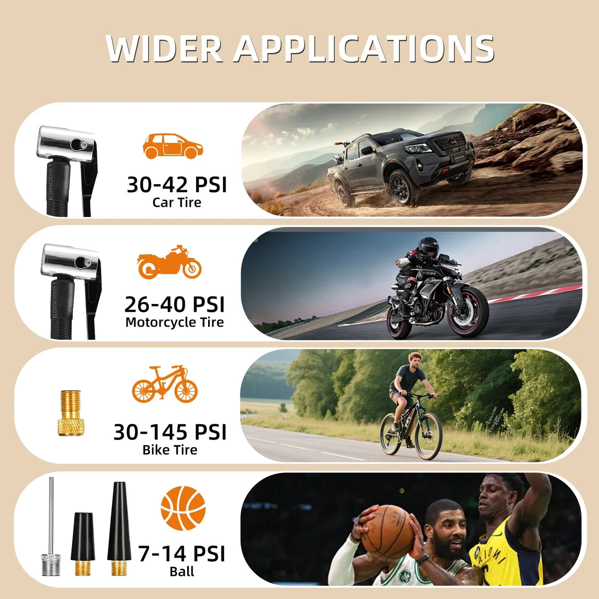 Rechargeable tire inflator with air hose and inflation accessories