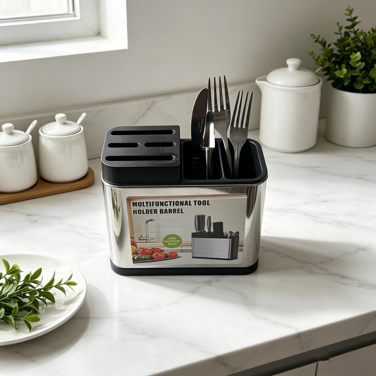 Countertop utensil holder with three divided storage compartments