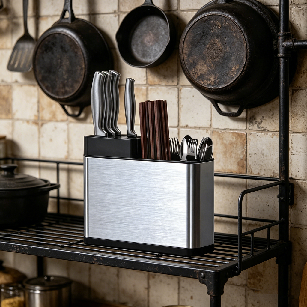 Three-compartment kitchen utensil organizer with stainless steel finish