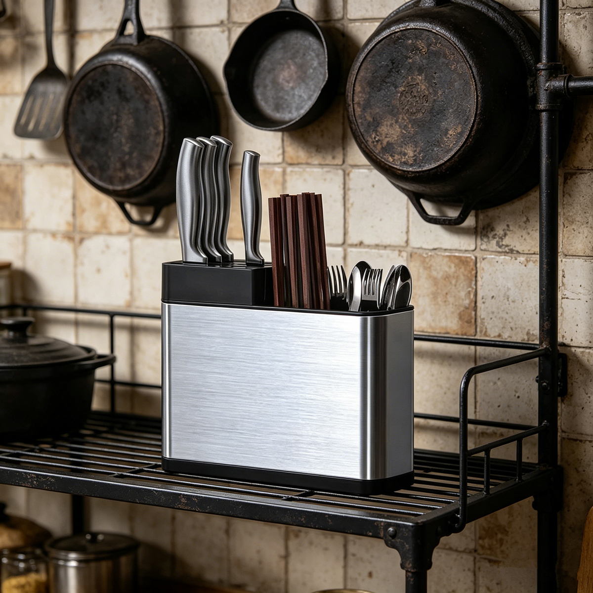 Three-compartment kitchen utensil organizer with stainless steel finish
