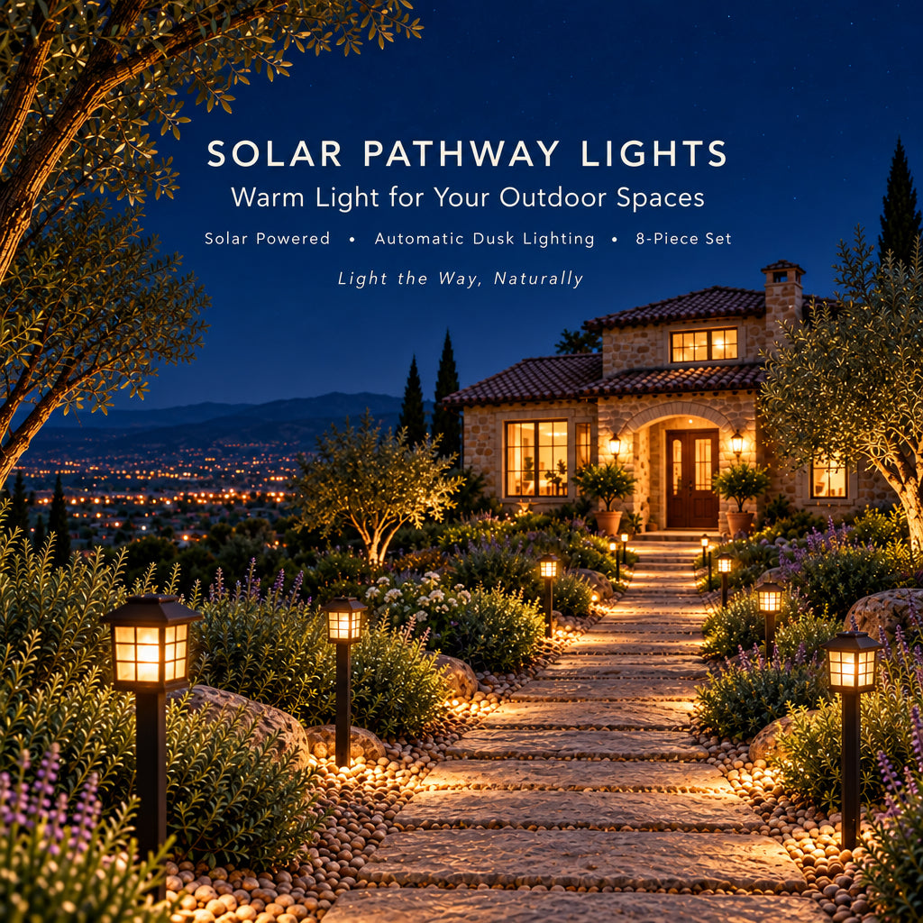 8-pack solar LED garden pathway lights with ground stakes