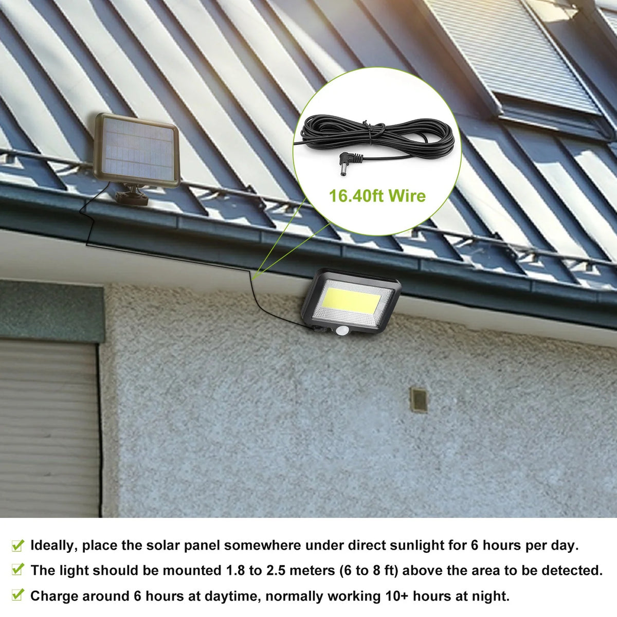 Solar wall light installation with separate solar panel and long connection cable