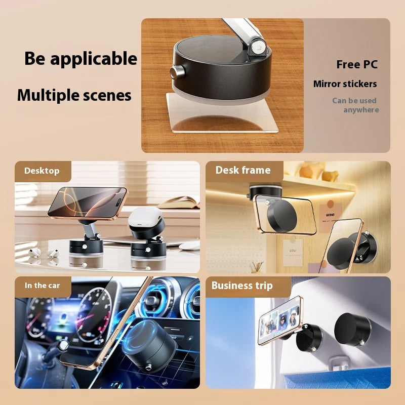 Magnetic vacuum phone holder for car dashboard and smooth surfaces