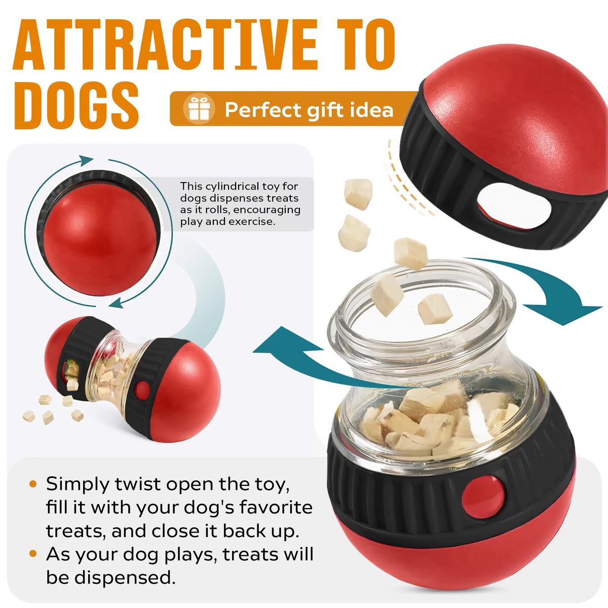 Red treat dispensing dog puzzle ball with refillable compartment