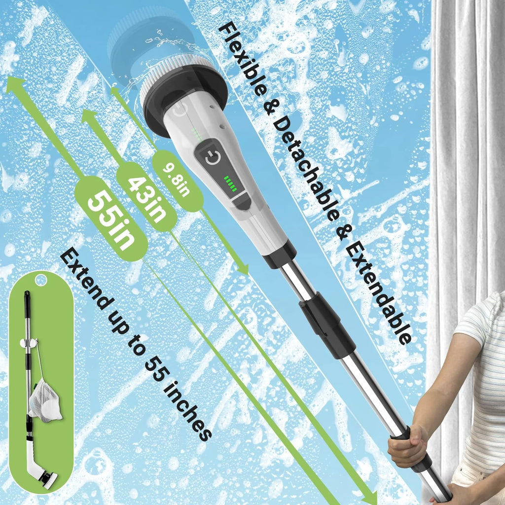 Adjustable long-handle cordless electric spin scrubber for floors, tubs, tile and bathroom surfaces