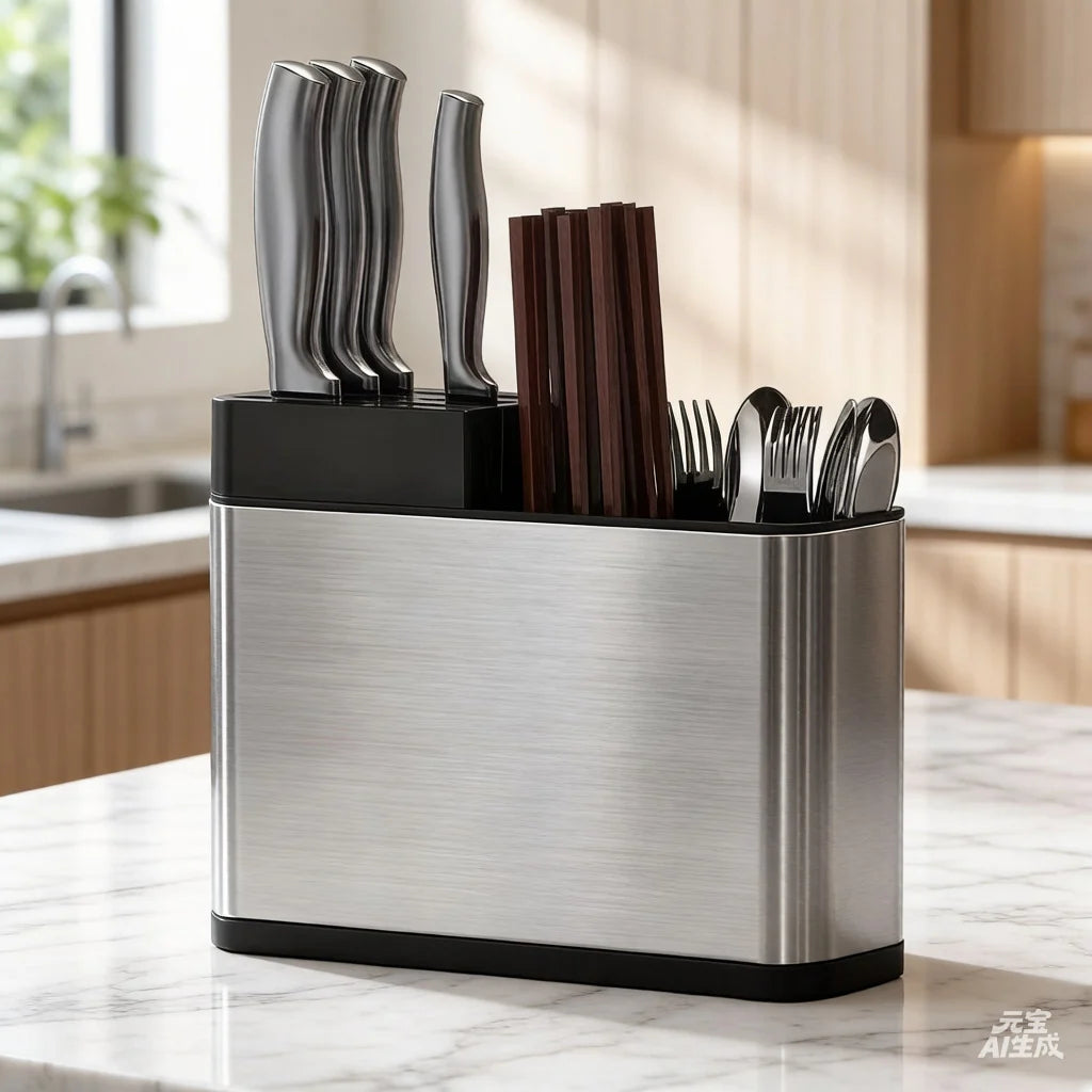 Stainless steel knife and utensil organizer for kitchen countertop