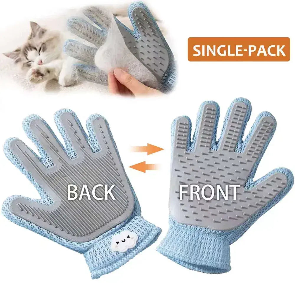 Double-sided pet grooming glove showing front and back surfaces
