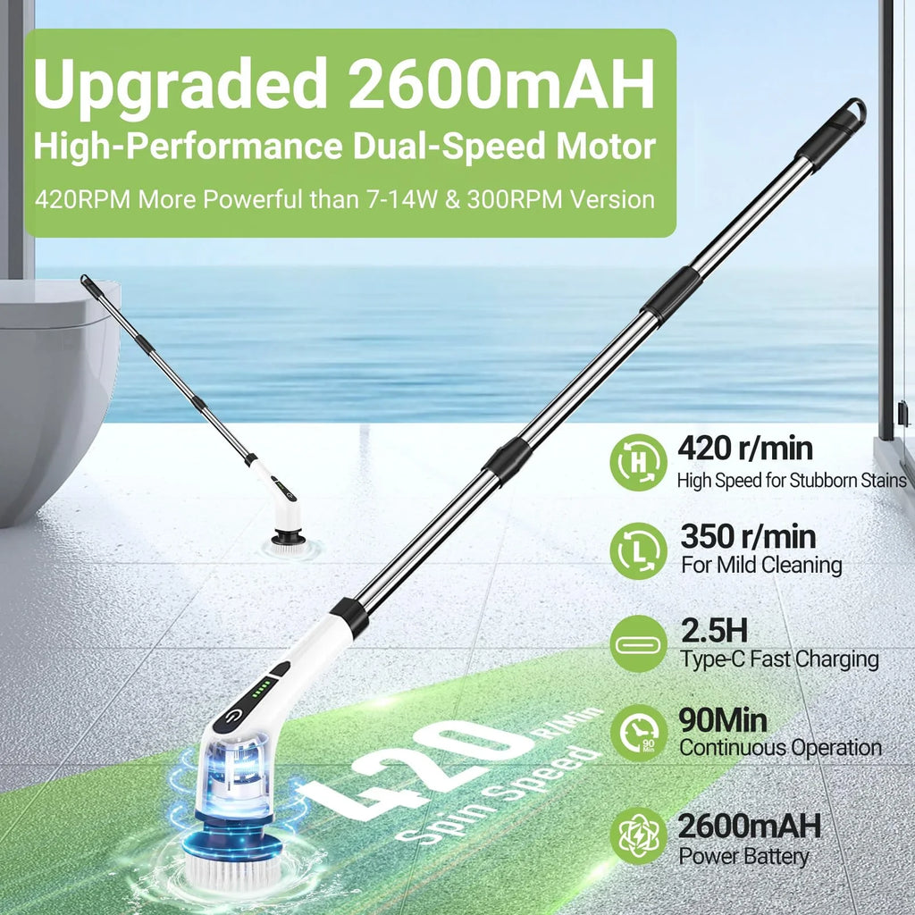 Rechargeable electric spin scrubber with dual-speed motor, adjustable handle and battery display