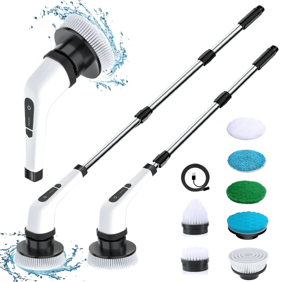 Cordless electric spin scrubber with adjustable extension handle and interchangeable cleaning brush heads