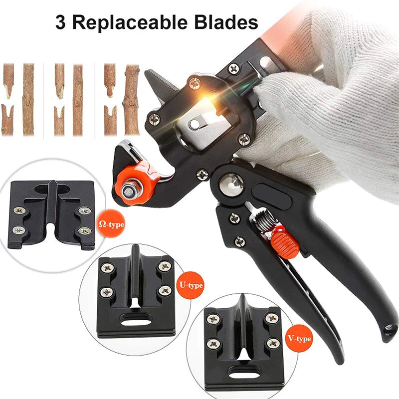 Garden grafting pruner with three replaceable cutting blades