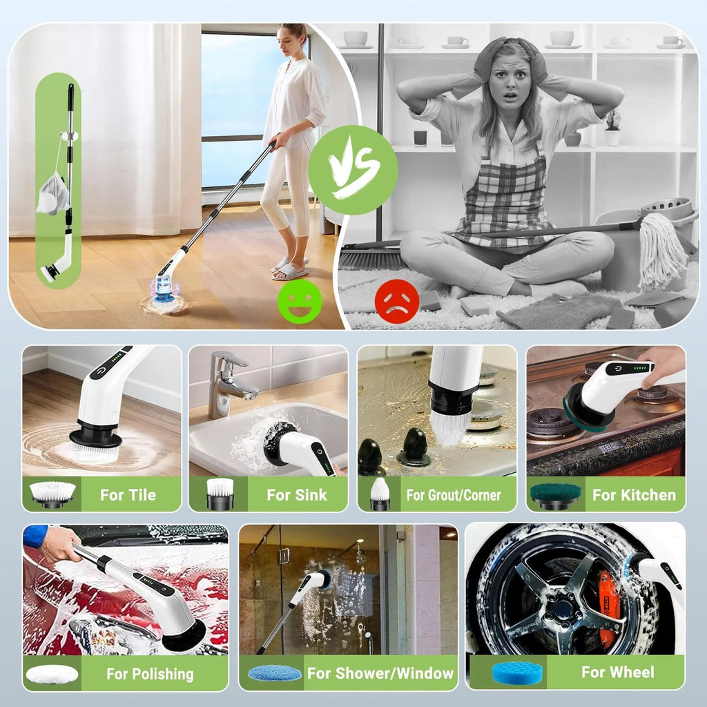 Electric spin scrubber shown cleaning floors, tile, bathtub, kitchen and other household surfaces