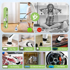 Electric spin scrubber shown cleaning floors, tile, bathtub, kitchen and other household surfaces