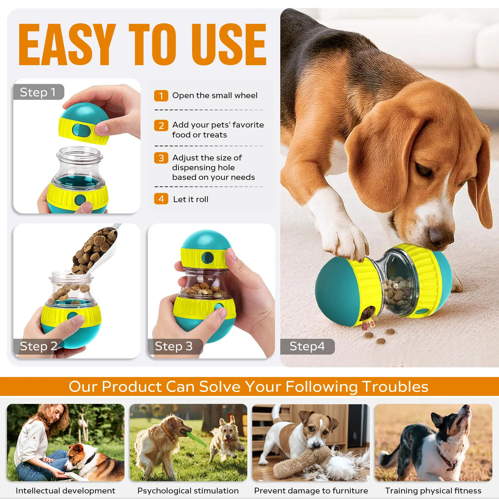 Adjustable dog puzzle toy showing treat filling and dispensing steps