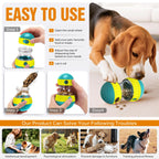 Adjustable dog puzzle toy showing treat filling and dispensing steps