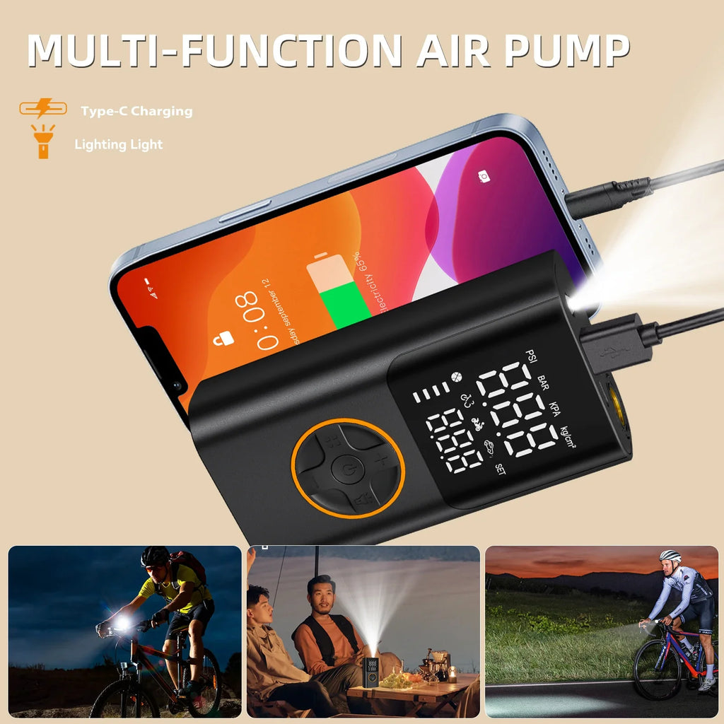 Portable tire inflator with LED light and USB phone charging