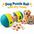 Adjustable treat dispensing dog puzzle ball with dry treats