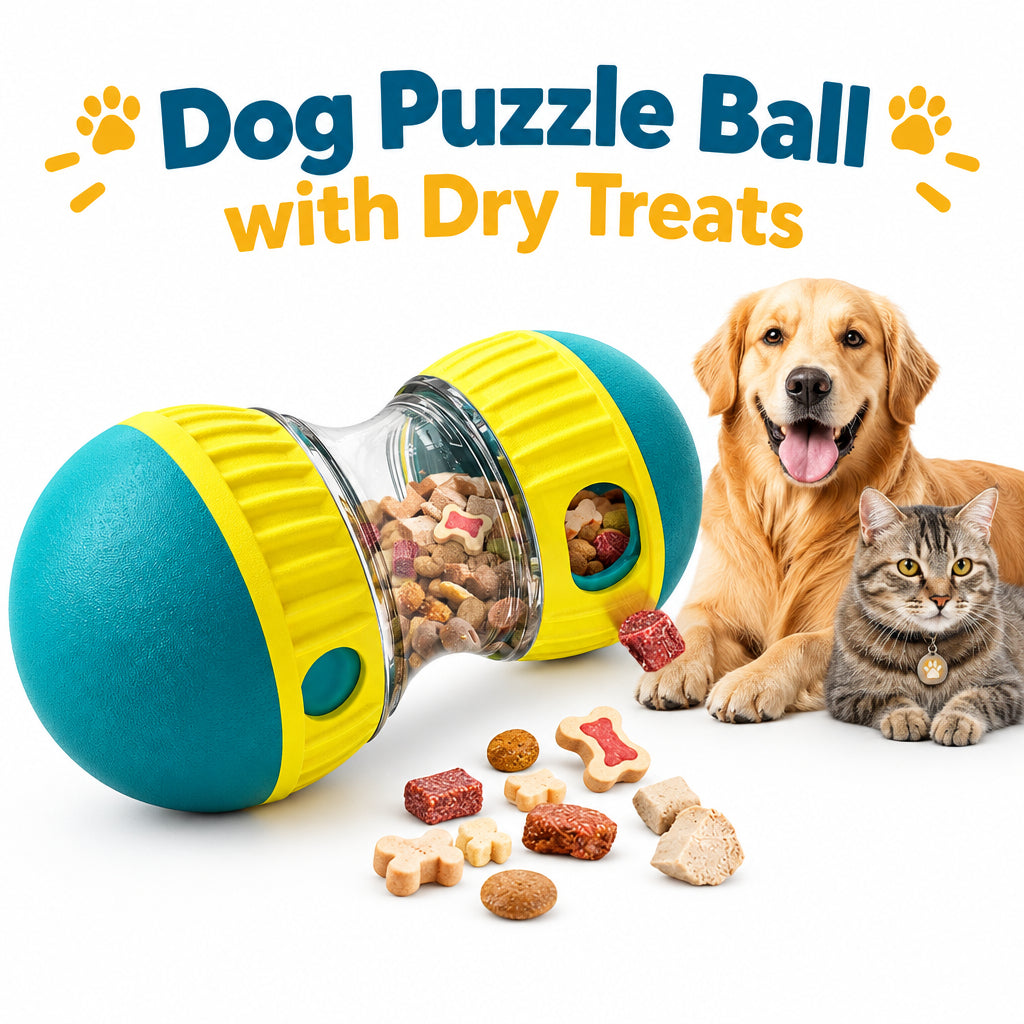 Adjustable treat dispensing dog puzzle ball with dry treats