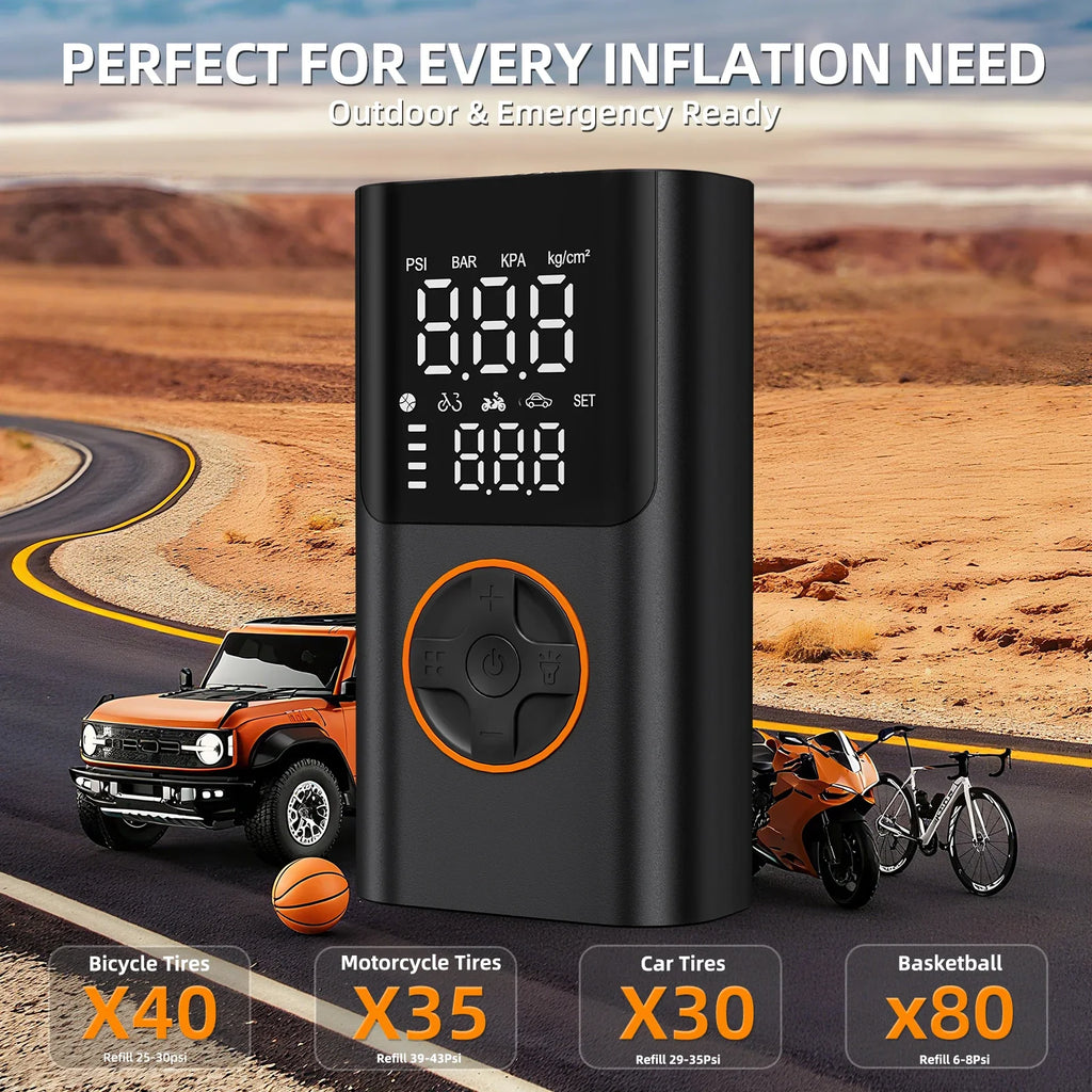 Portable rechargeable air compressor for car motorcycle and bike tires