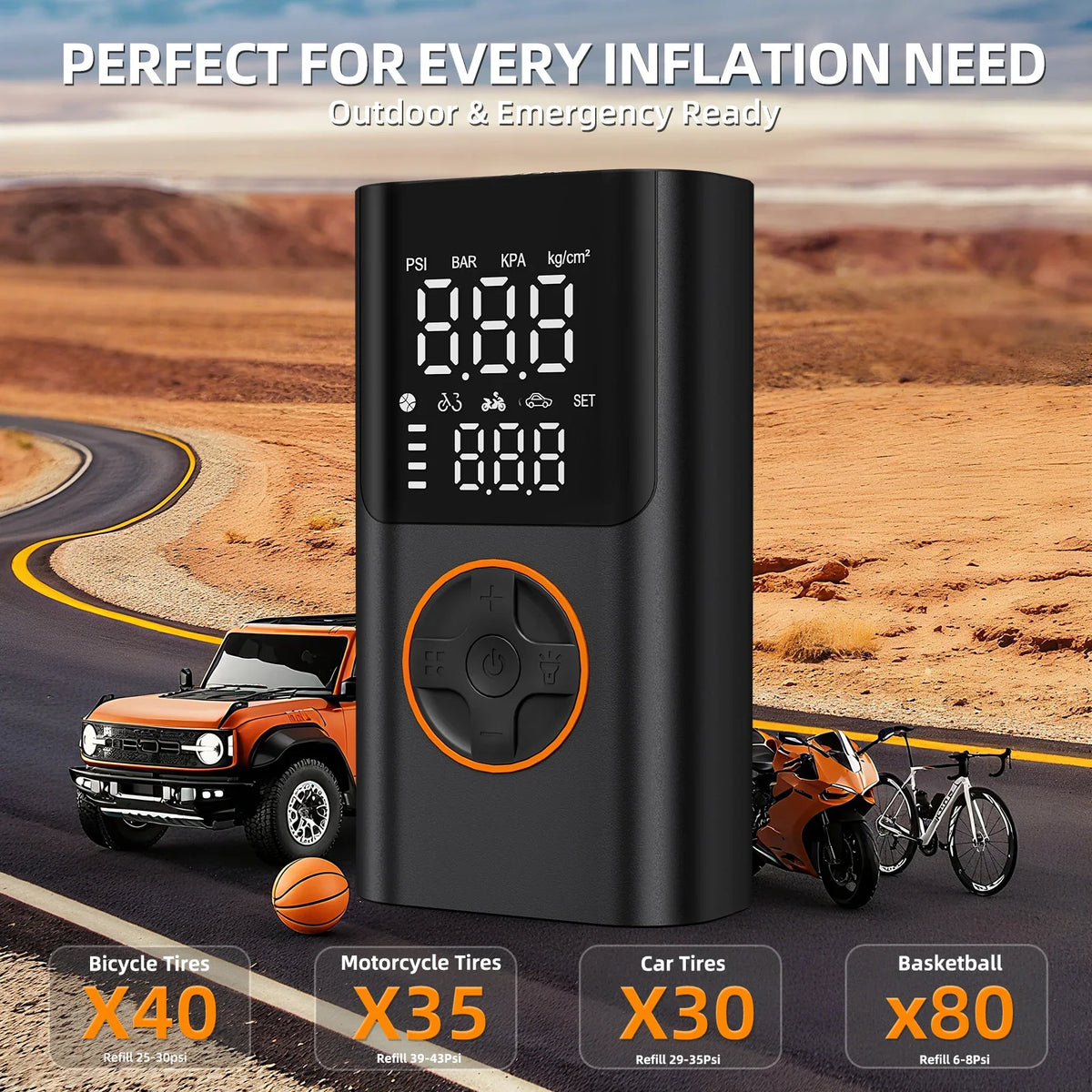Portable rechargeable air compressor for car motorcycle and bike tires
