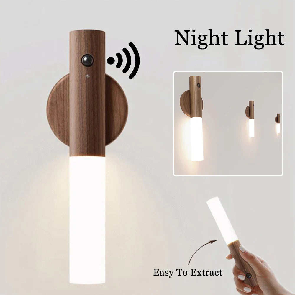 Rechargeable motion sensor night light with magnetic wood-style design