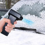 Rechargeable electric air duster clearing light snow from a car