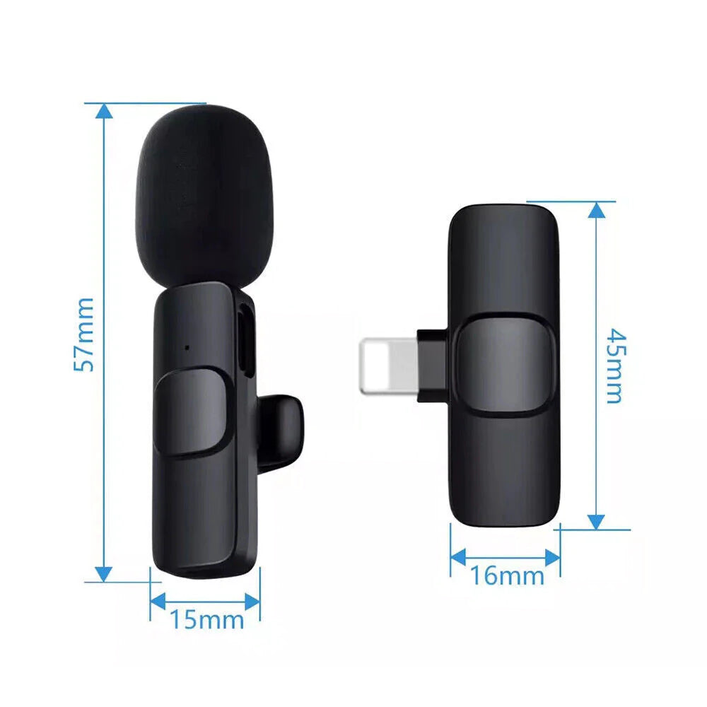 Wireless lavalier microphone size comparison showing microphone and receiver dimensions