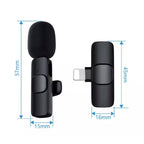 Wireless lavalier microphone size comparison showing microphone and receiver dimensions