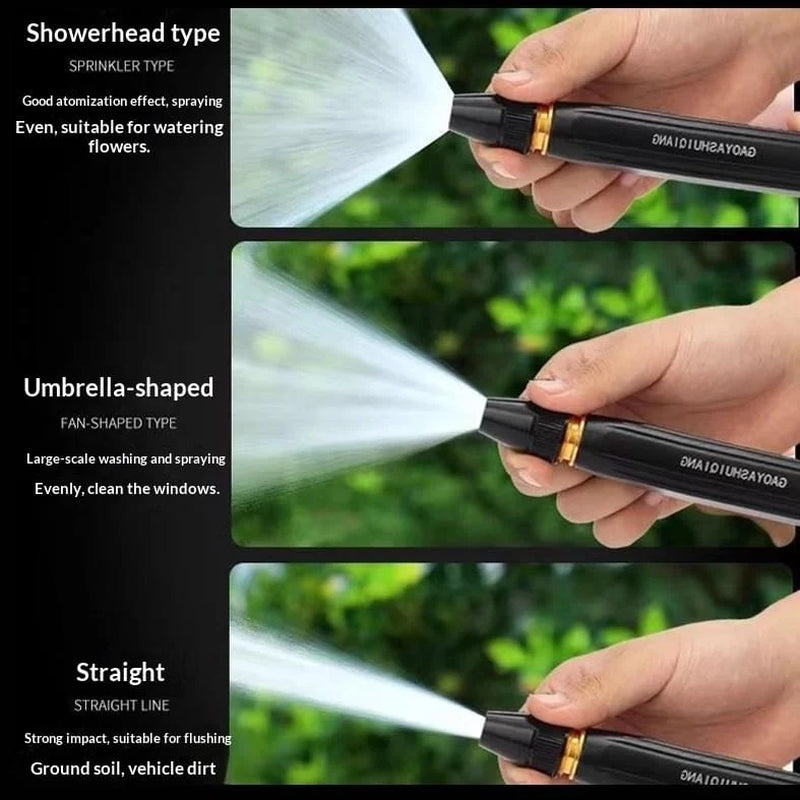 Adjustable hose nozzle showing multiple water spray patterns