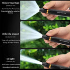 Adjustable hose nozzle showing multiple water spray patterns