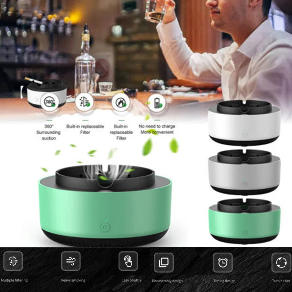 Smoke-filtering ashtray available in multiple colors and styles